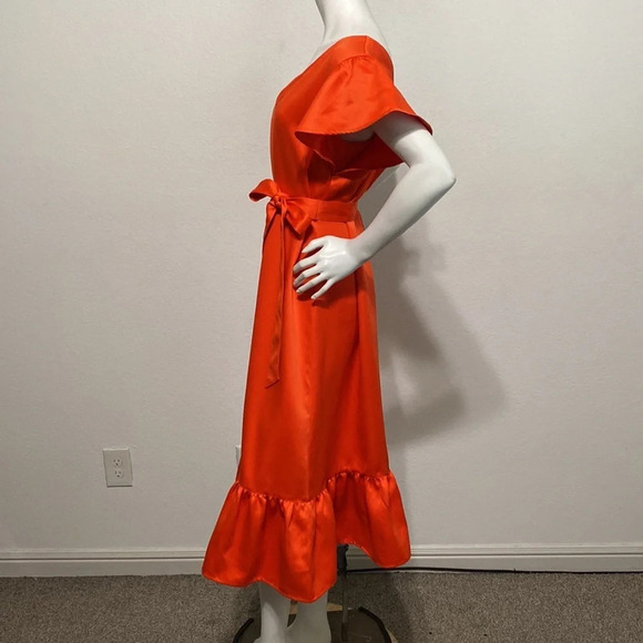 The Drop "NEW" Cherry Tomato Flutter Sleeve Tie Waist Pull On Midi Dress Size M - Picture 4 of 11